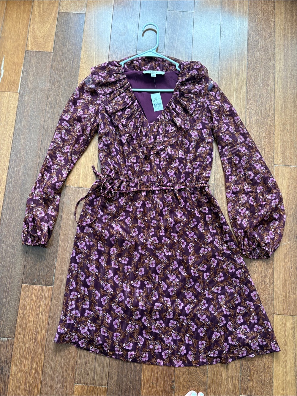 LOFT Plum Floral Ruffle V-Neck Long Sleeve Dress